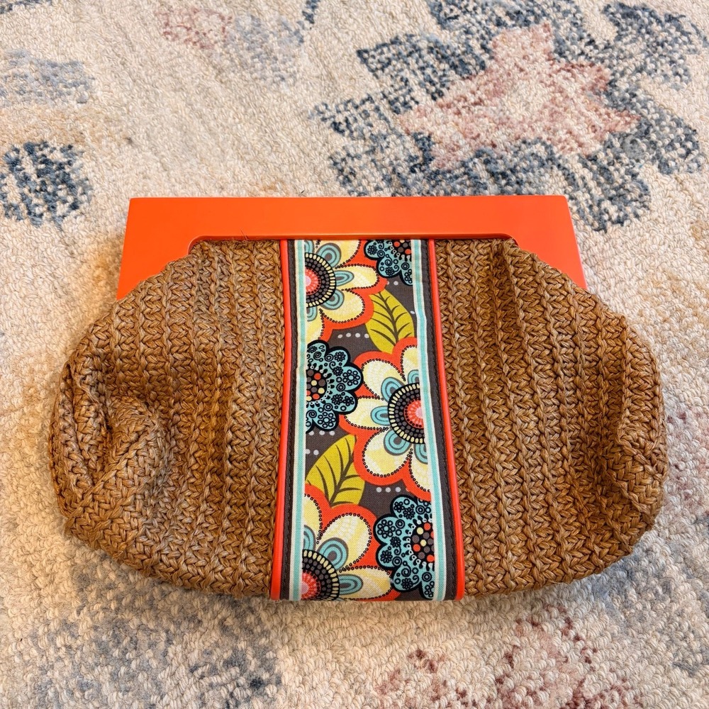 Vera Bradley Boho Chic Wood Straw Clutch Orange Floral 70s Retro Concert Cottage